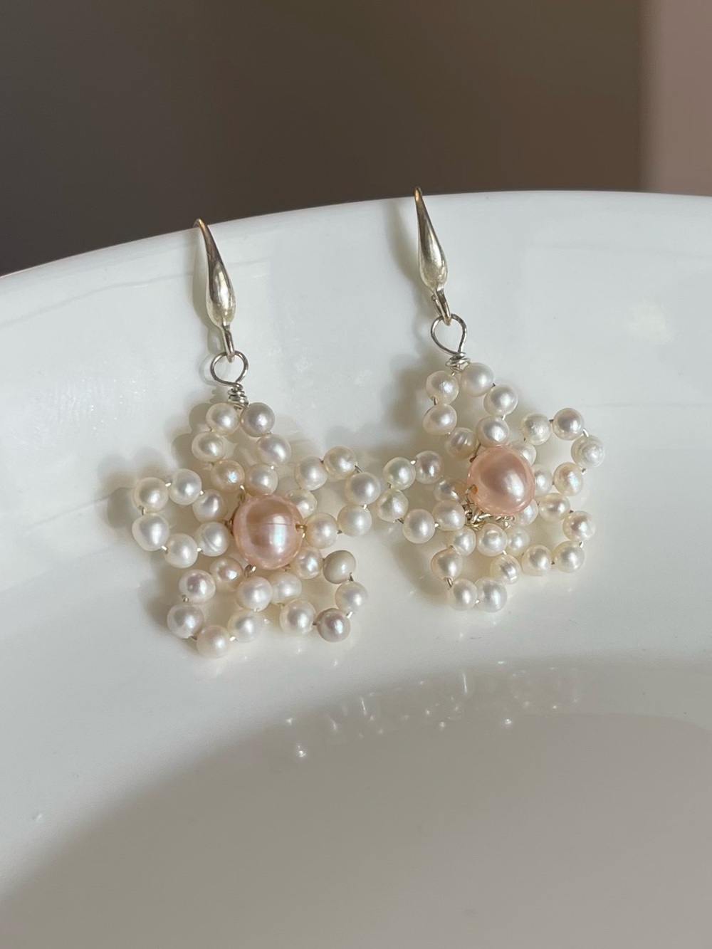 Freshwater Pearl Cluster Dangle Earrings - silver hooks